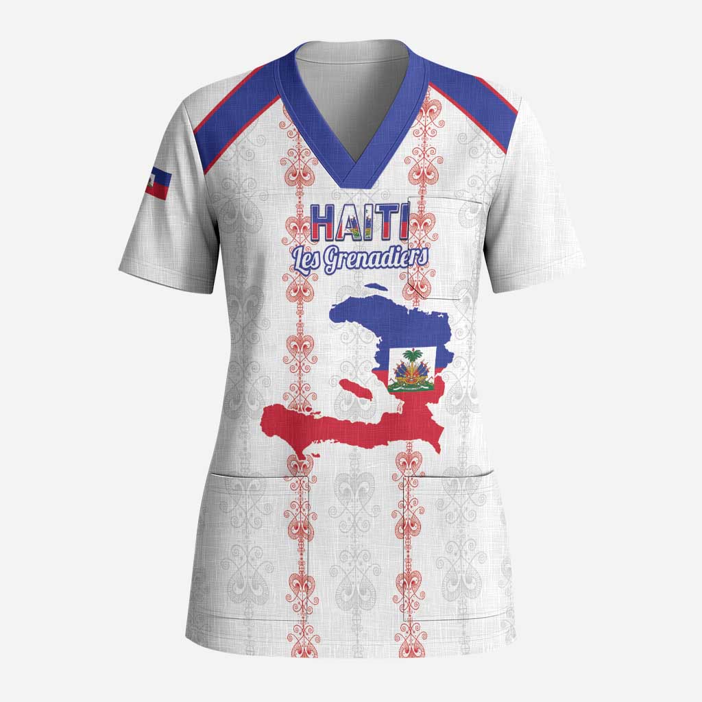 Custom Haiti Football Scrub Top Les Grenadiers Veve Vodou White - Wonder Print Shop