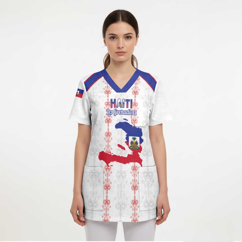 Custom Haiti Football Scrub Top Les Grenadiers Veve Vodou White - Wonder Print Shop