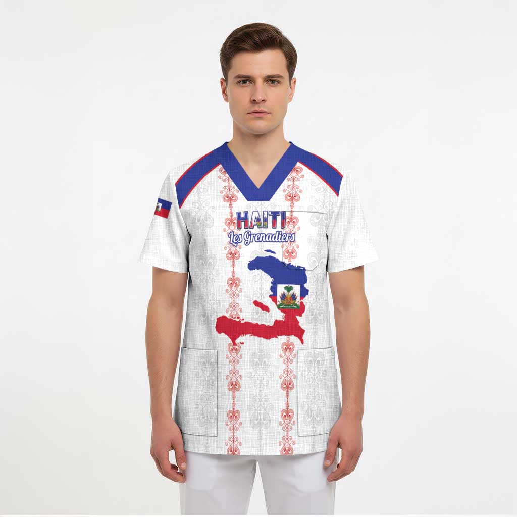 Custom Haiti Football Scrub Top Les Grenadiers Veve Vodou White - Wonder Print Shop