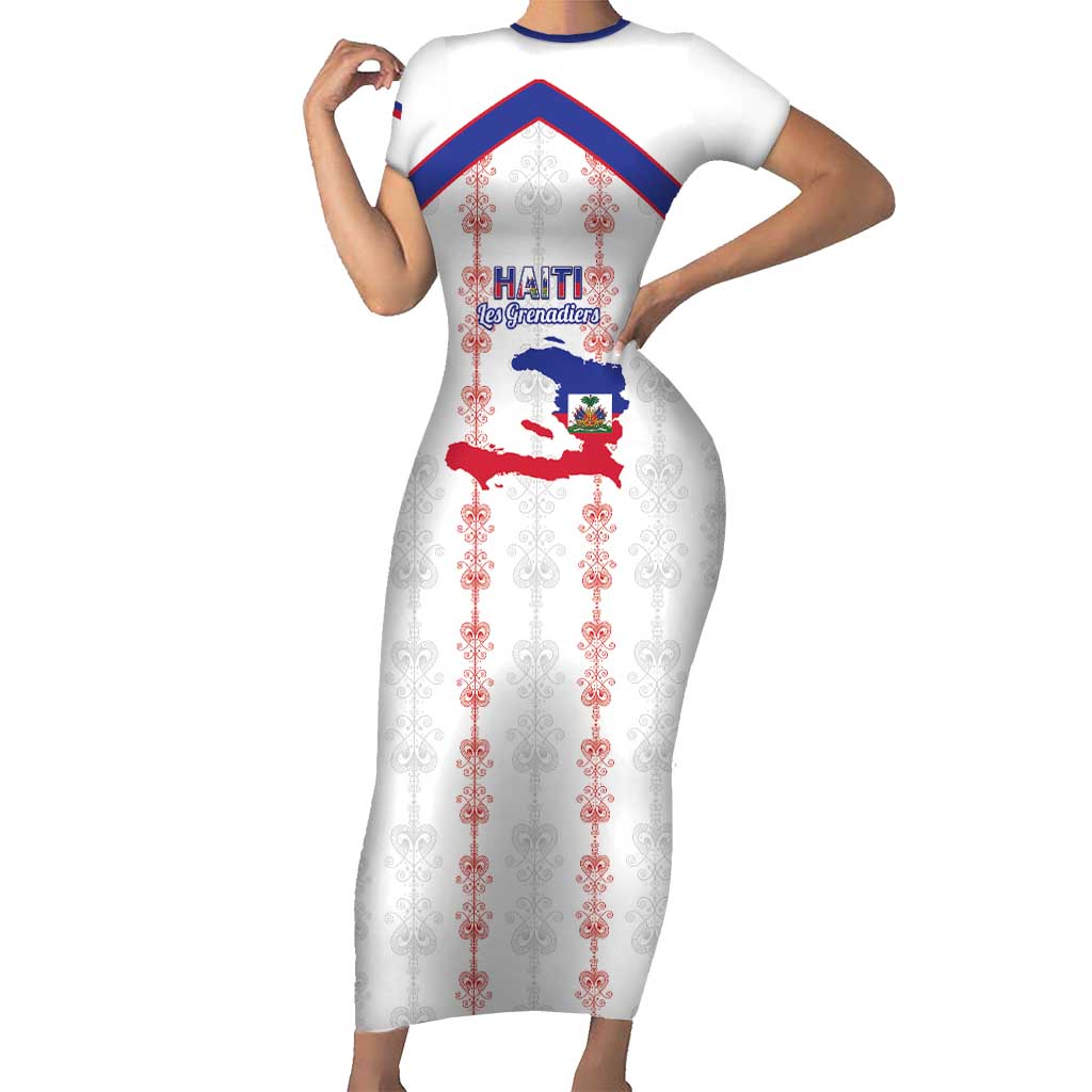 Custom Haiti Football Short Sleeve Bodycon Dress Les Grenadiers Veve Vodou White - Wonder Print Shop