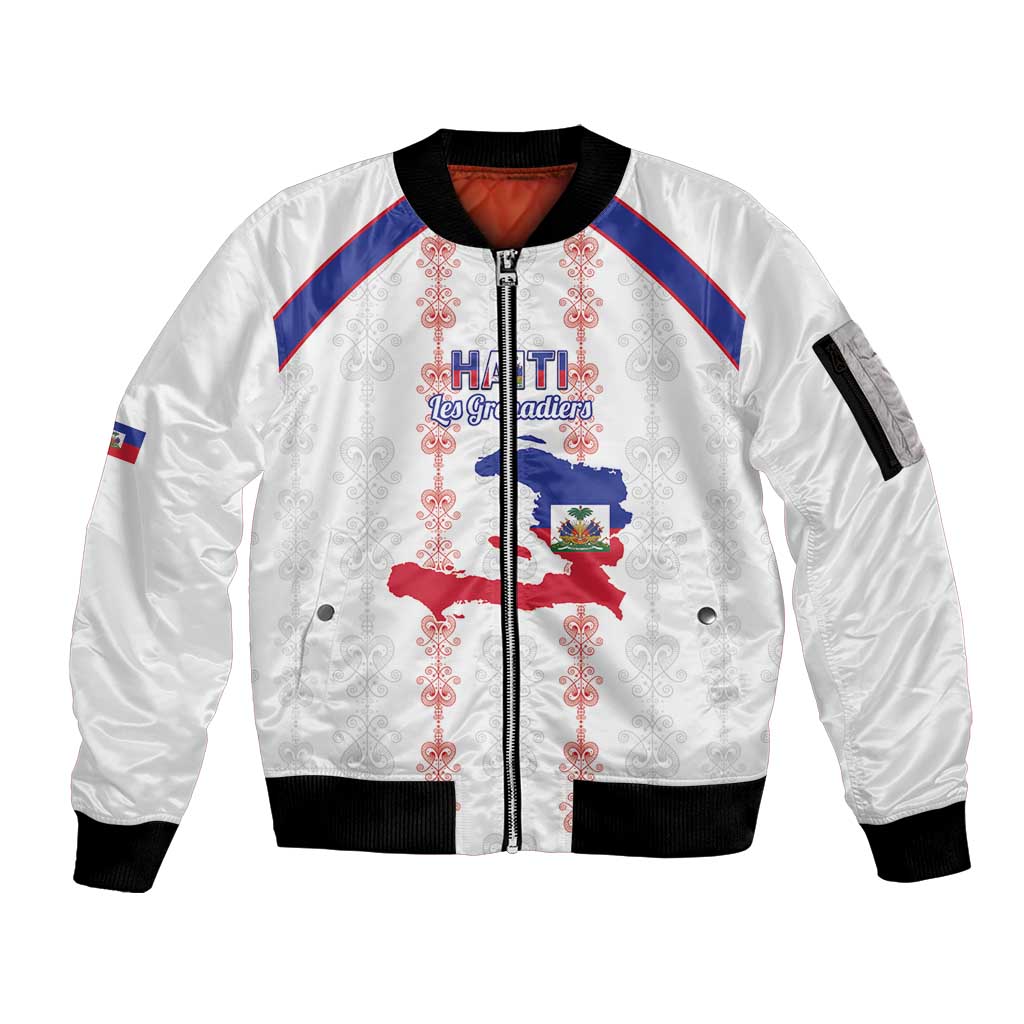 Custom Haiti Football Sleeve Zip Bomber Jacket Les Grenadiers Veve Vodou White - Wonder Print Shop