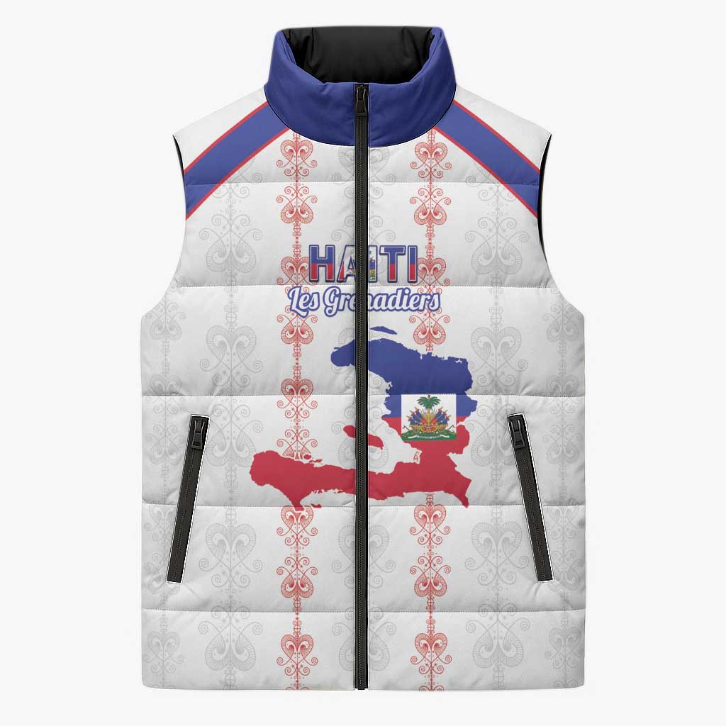 Custom Haiti Football Sleeveless Puffer Jacket Les Grenadiers Veve Vodou White - Wonder Print Shop