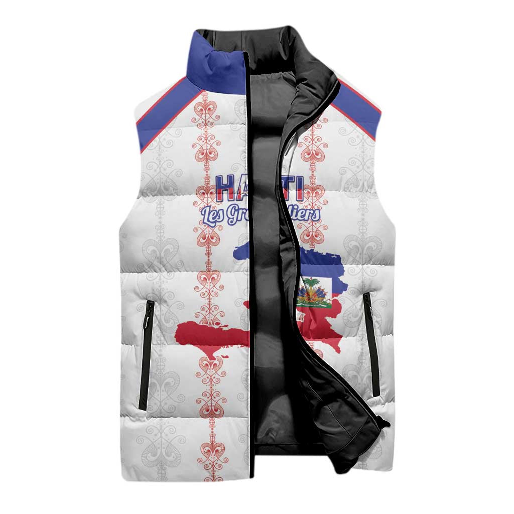 Custom Haiti Football Sleeveless Puffer Jacket Les Grenadiers Veve Vodou White - Wonder Print Shop