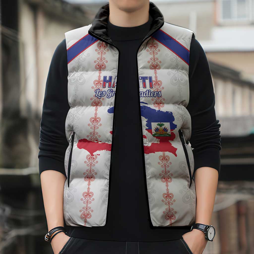 Custom Haiti Football Sleeveless Puffer Jacket Les Grenadiers Veve Vodou White - Wonder Print Shop