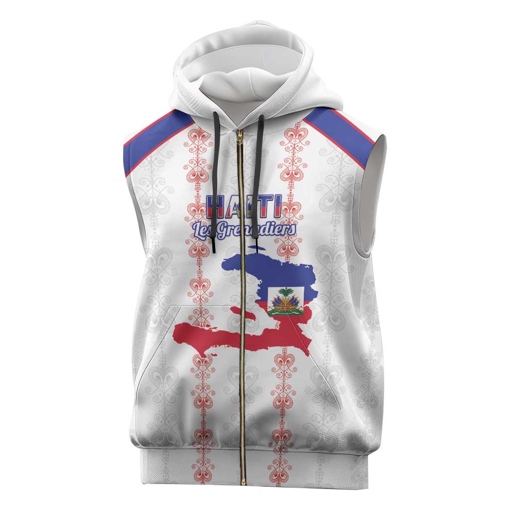 Custom Haiti Football Sleeveless Zip Hoodie Les Grenadiers Veve Vodou White - Wonder Print Shop