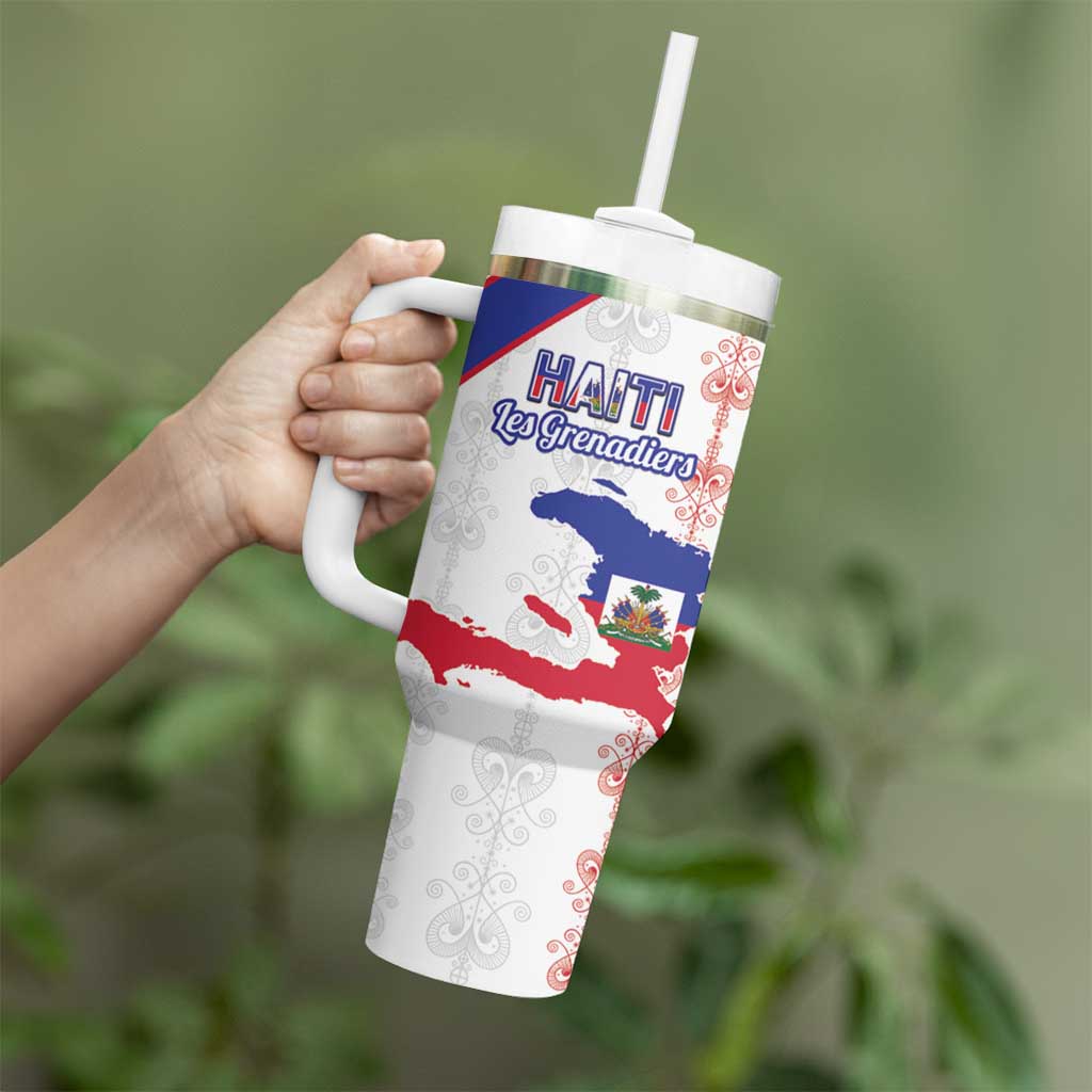 Custom Haiti Football Tumbler With Handle Les Grenadiers Veve Vodou White - Wonder Print Shop