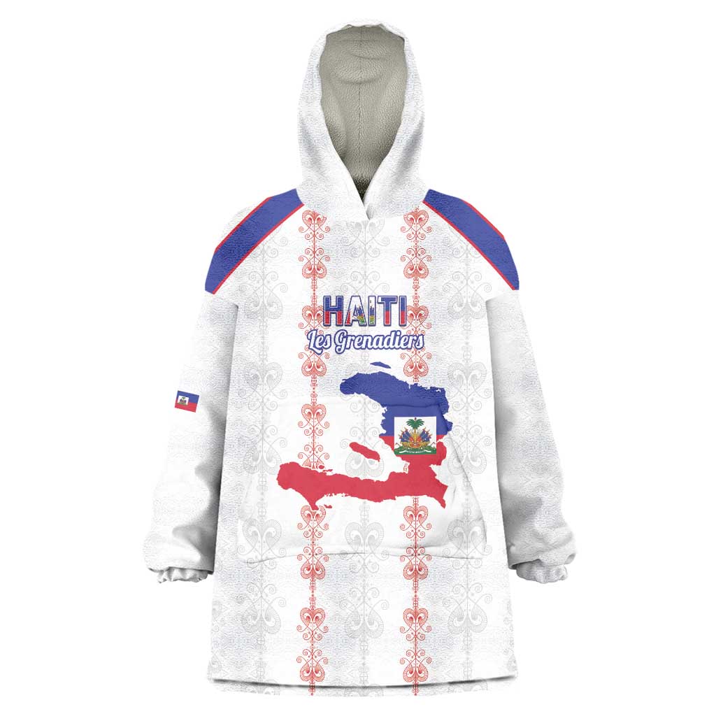 Custom Haiti Football Wearable Blanket Hoodie Les Grenadiers Veve Vodou White - Wonder Print Shop
