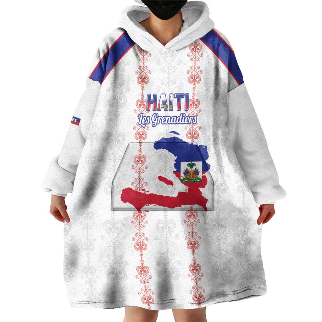 Custom Haiti Football Wearable Blanket Hoodie Les Grenadiers Veve Vodou White - Wonder Print Shop