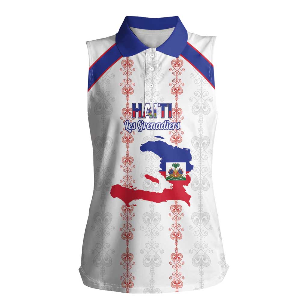 Custom Haiti Football Women Sleeveless Polo Shirt Les Grenadiers Veve Vodou White - Wonder Print Shop