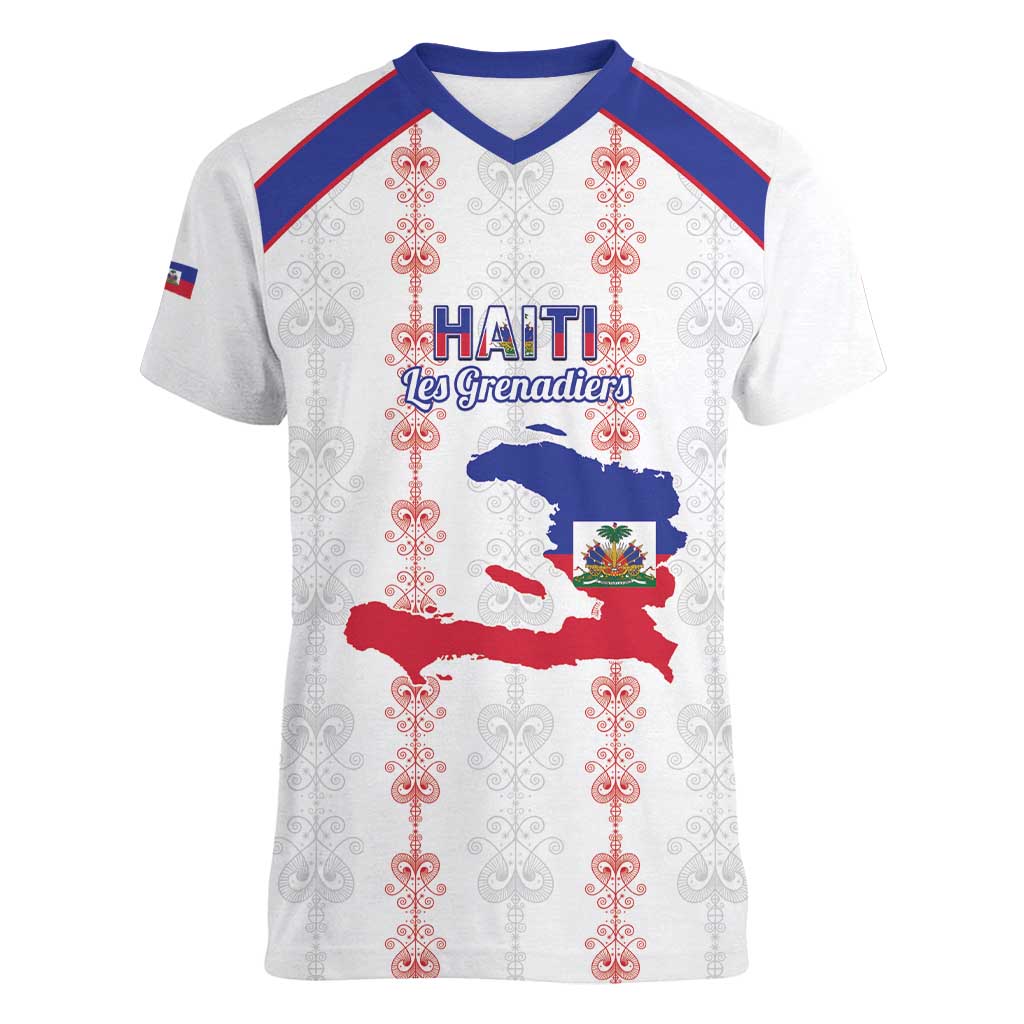 Custom Haiti Football Women V-Neck T-Shirt Les Grenadiers Veve Vodou White - Wonder Print Shop