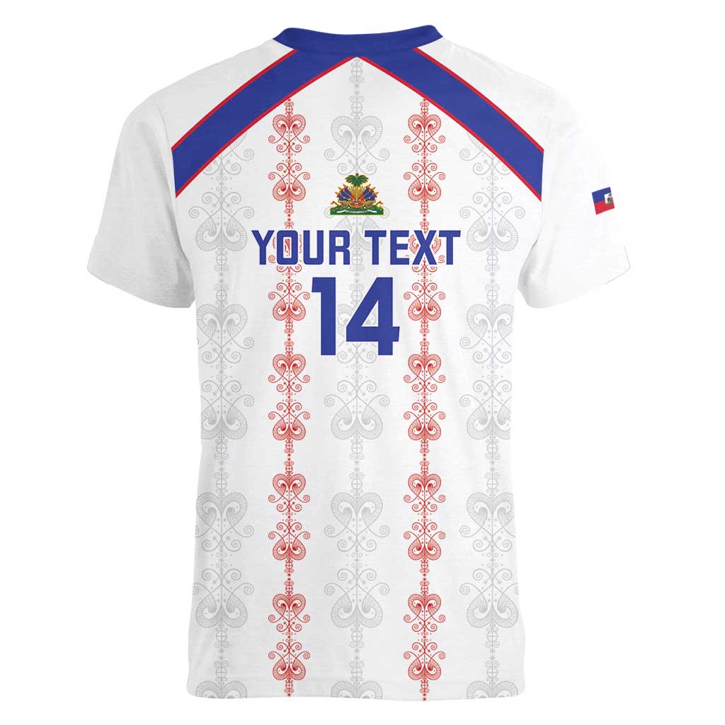 Custom Haiti Football Women V-Neck T-Shirt Les Grenadiers Veve Vodou White - Wonder Print Shop