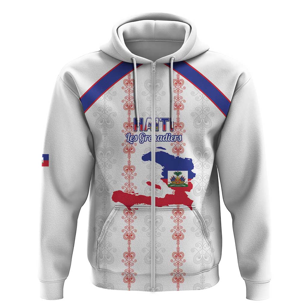 Custom Haiti Football Zip Hoodie Les Grenadiers Veve Vodou White - Wonder Print Shop