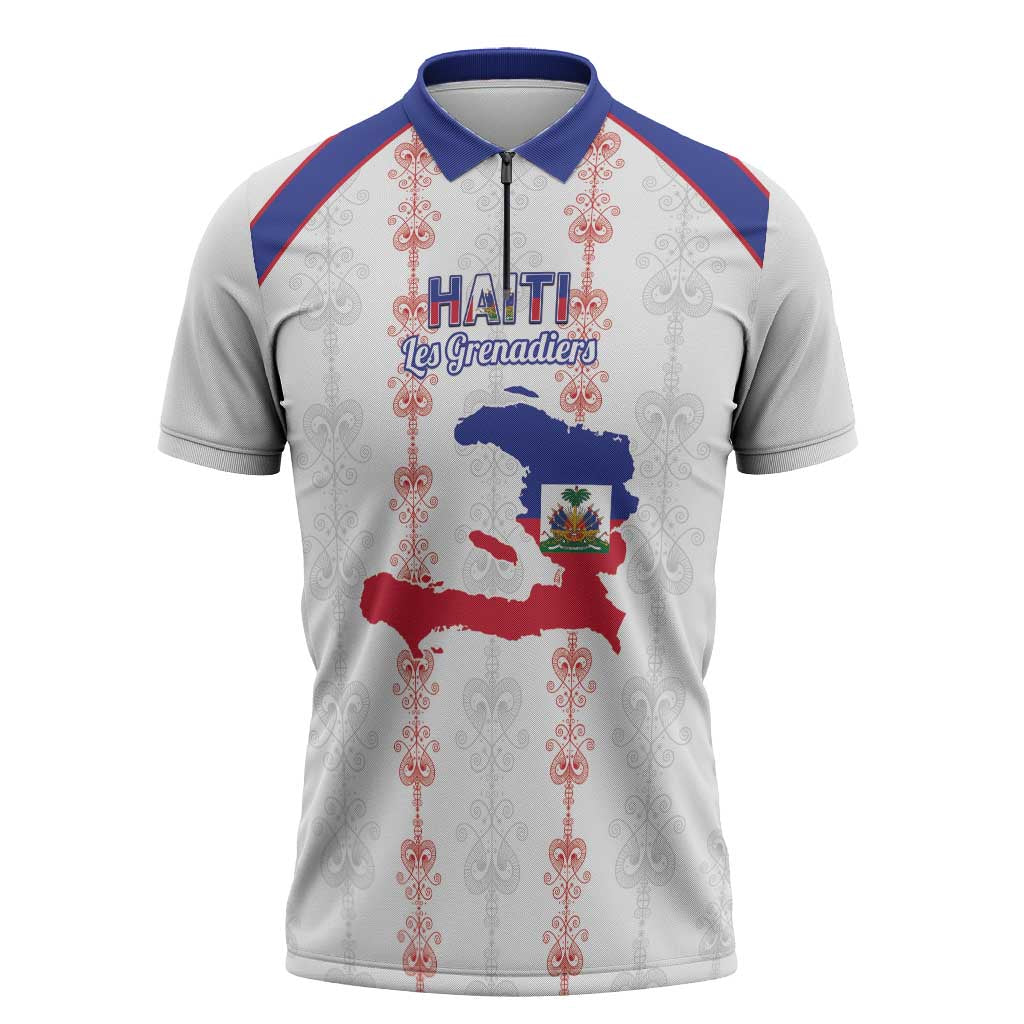 Custom Haiti Football Zipper Polo Shirt Les Grenadiers Veve Vodou White - Wonder Print Shop