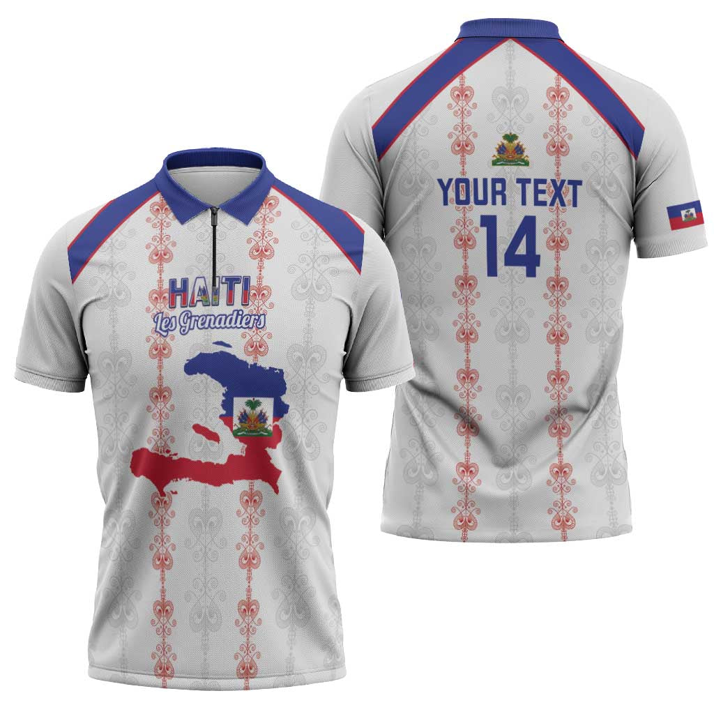 Custom Haiti Football Zipper Polo Shirt Les Grenadiers Veve Vodou White - Wonder Print Shop