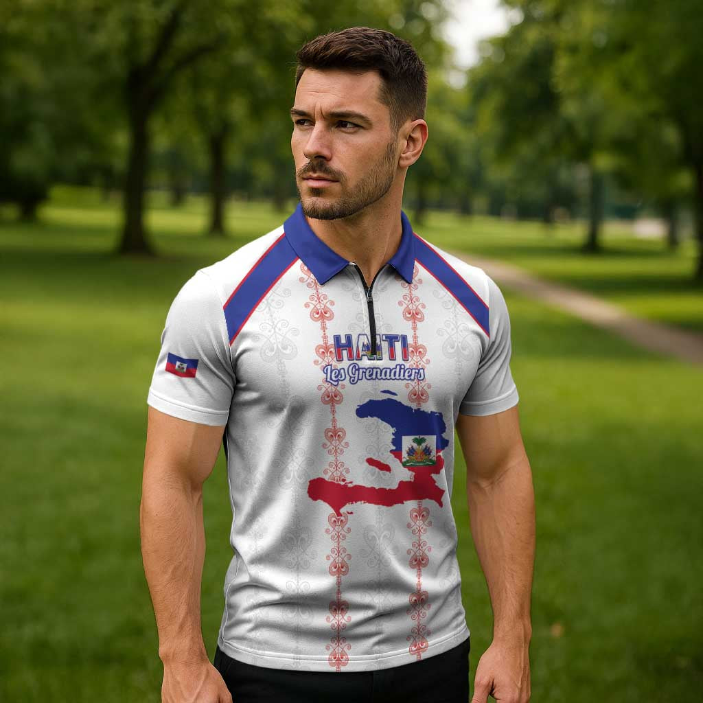 Custom Haiti Football Zipper Polo Shirt Les Grenadiers Veve Vodou White - Wonder Print Shop