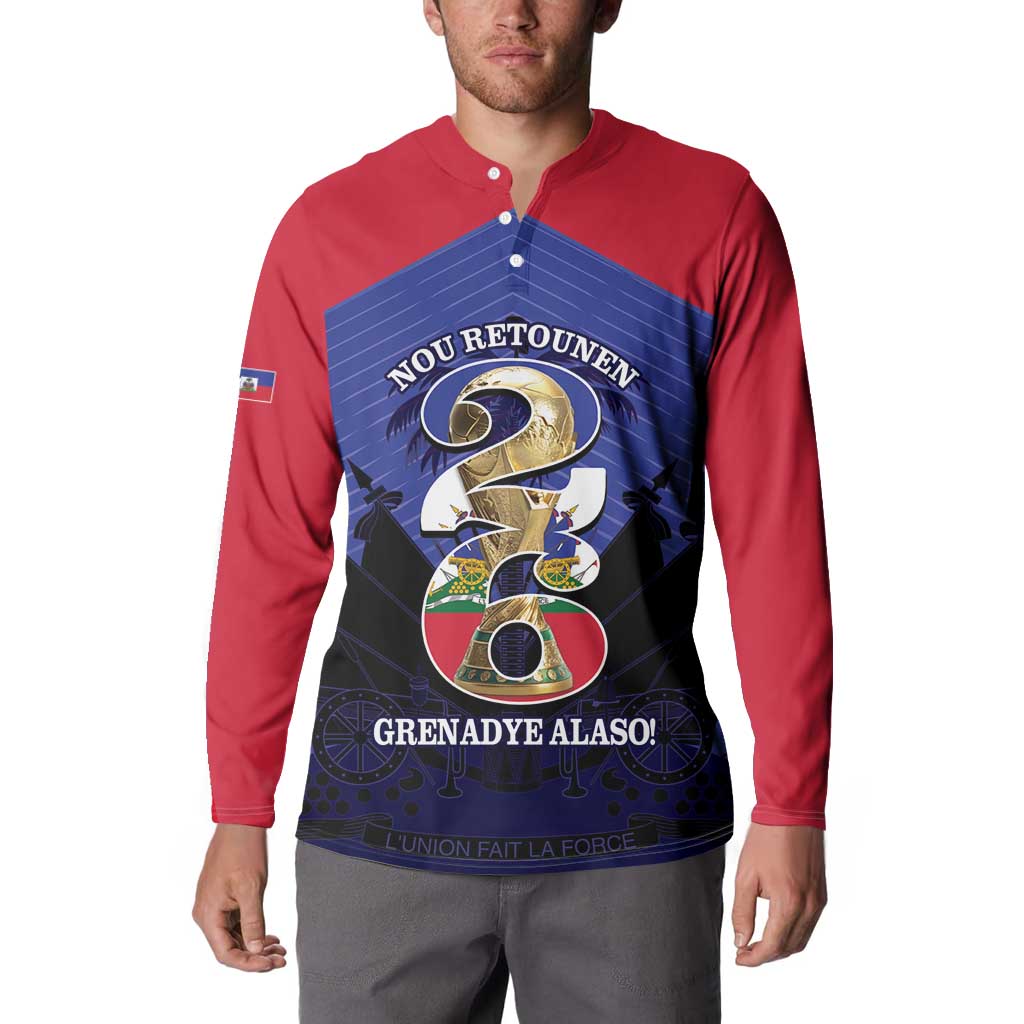 Personalized Les Grenadiers Haiti Football Button Sweatshirt 2026 Nou Retounen Blue Version - Wonder Print Shop