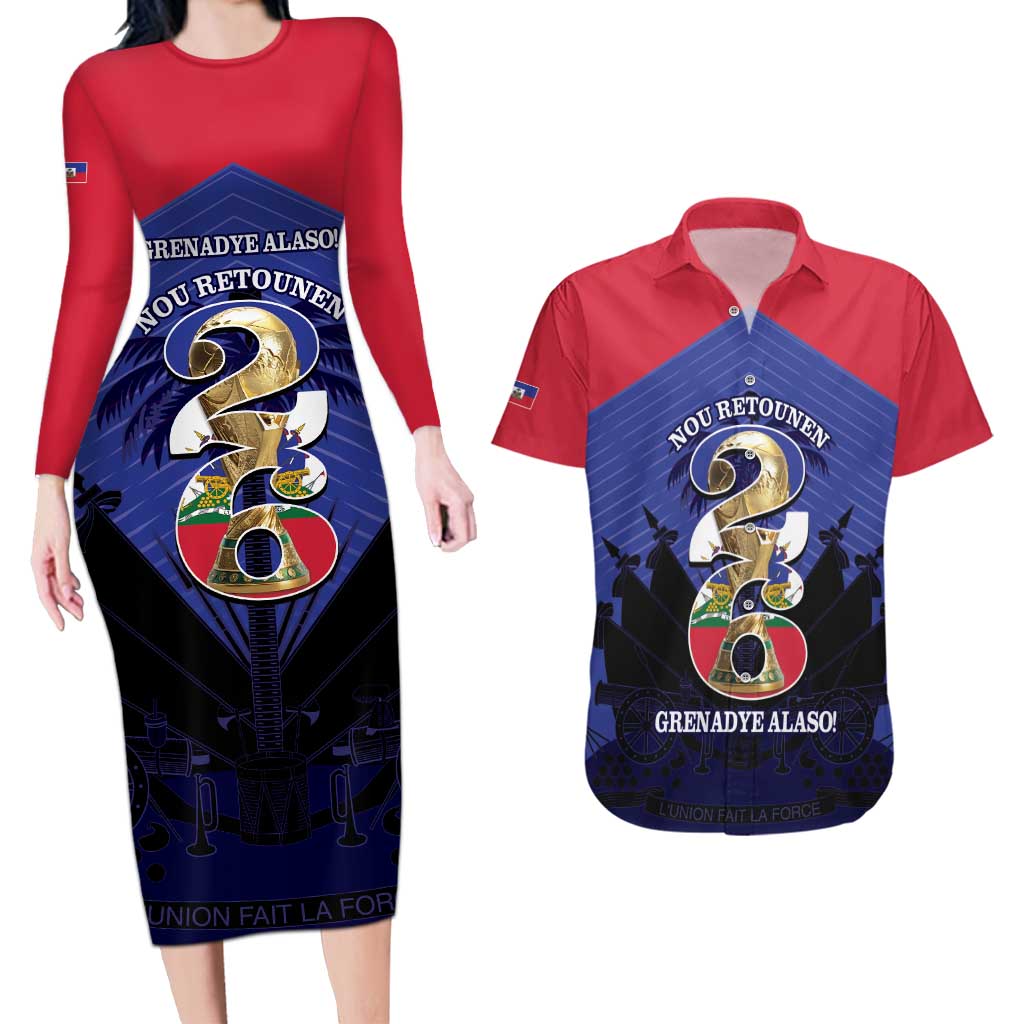 Personalized Les Grenadiers Haiti Football Couples Matching Long Sleeve Bodycon Dress and Hawaiian Shirt 2026 Nou Retounen Blue Version - Wonder Print Shop
