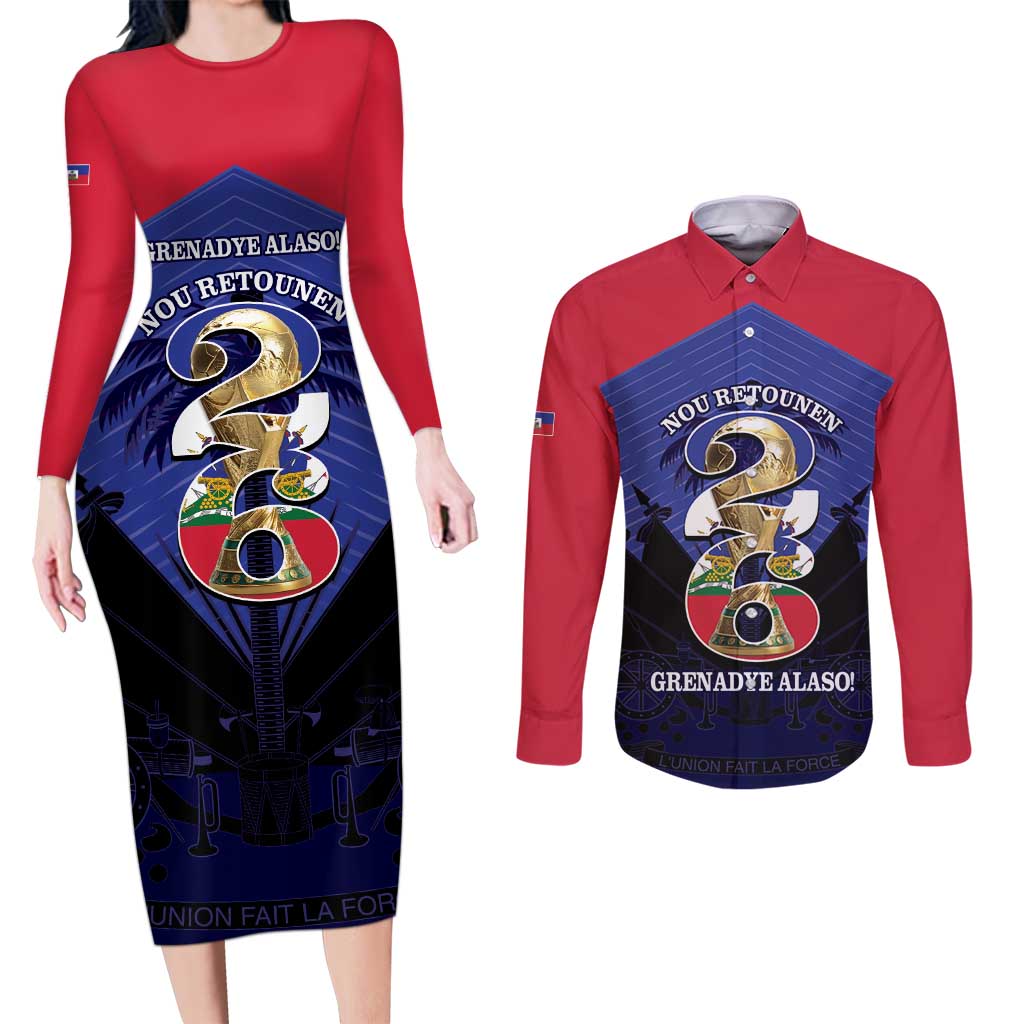 Personalized Les Grenadiers Haiti Football Couples Matching Long Sleeve Bodycon Dress and Long Sleeve Button Shirt 2026 Nou Retounen Blue Version - Wonder Print Shop