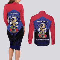 Personalized Les Grenadiers Haiti Football Couples Matching Long Sleeve Bodycon Dress and Long Sleeve Button Shirt 2026 Nou Retounen Blue Version - Wonder Print Shop