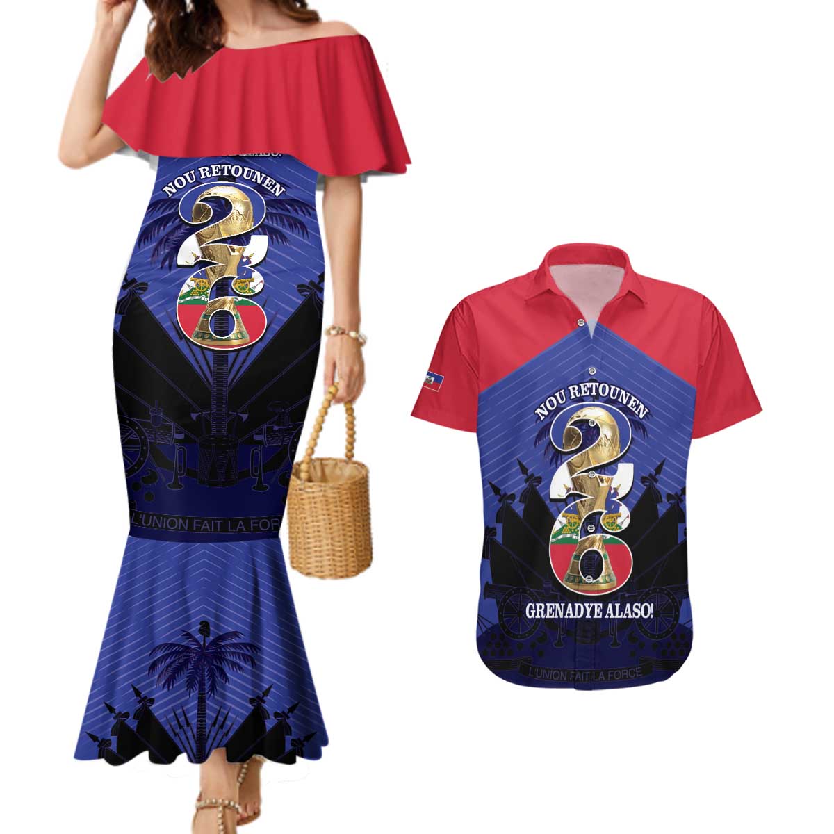 Personalized Les Grenadiers Haiti Football Couples Matching Mermaid Dress and Hawaiian Shirt 2026 Nou Retounen Blue Version - Wonder Print Shop