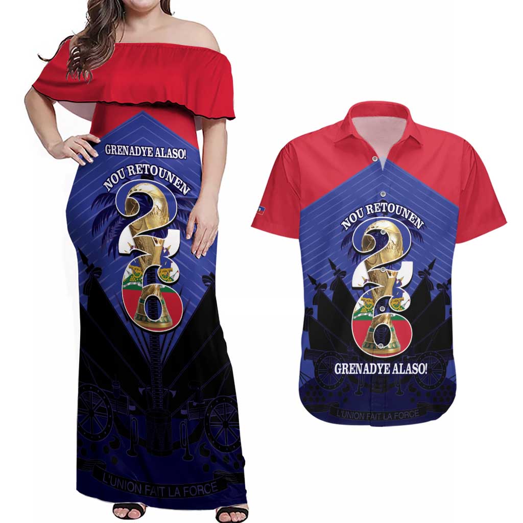 Personalized Les Grenadiers Haiti Football Couples Matching Off Shoulder Maxi Dress and Hawaiian Shirt 2026 Nou Retounen Blue Version - Wonder Print Shop