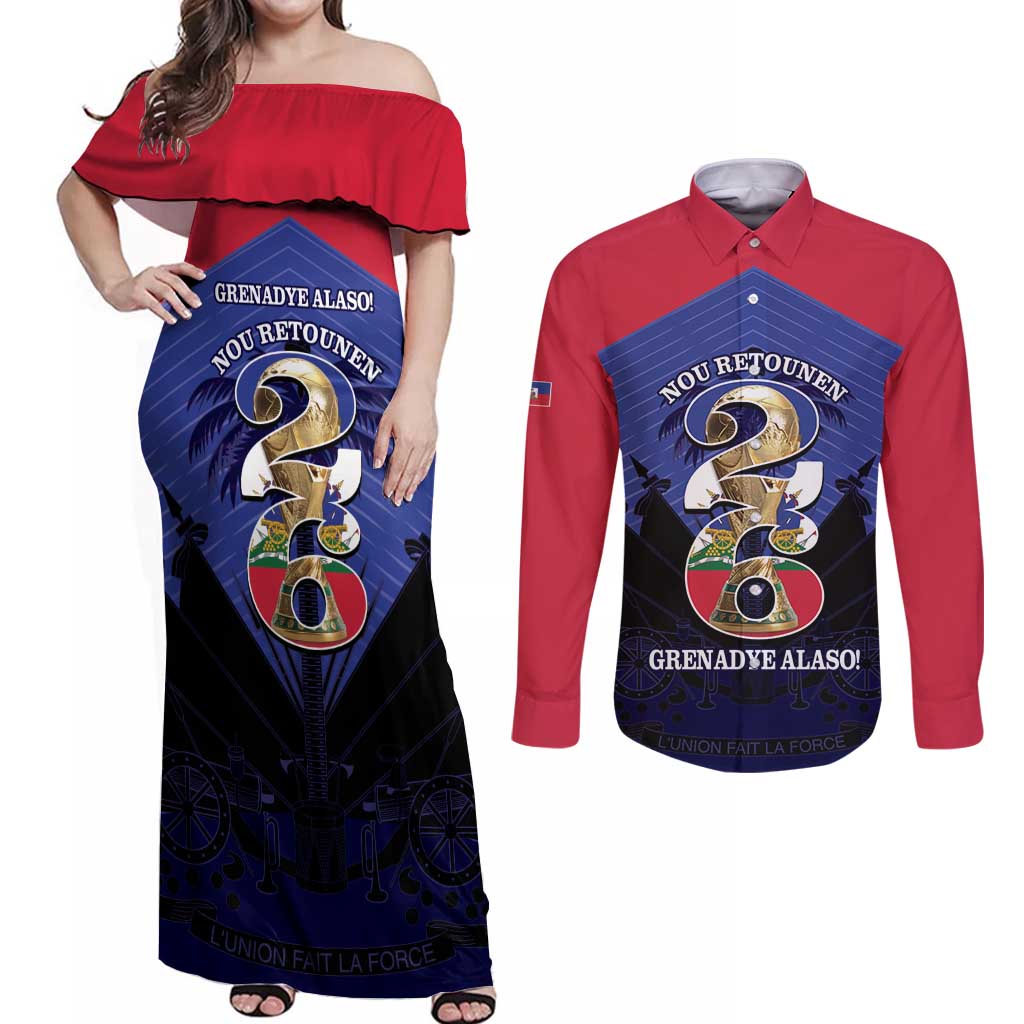 Personalized Les Grenadiers Haiti Football Couples Matching Off Shoulder Maxi Dress and Long Sleeve Button Shirt 2026 Nou Retounen Blue Version - Wonder Print Shop