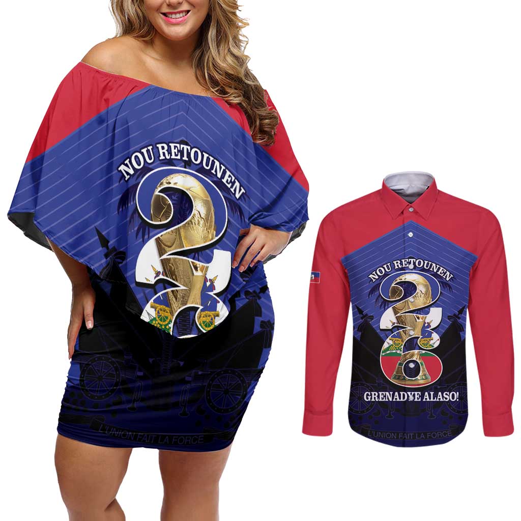 Personalized Les Grenadiers Haiti Football Couples Matching Off Shoulder Short Dress and Long Sleeve Button Shirt 2026 Nou Retounen Blue Version - Wonder Print Shop