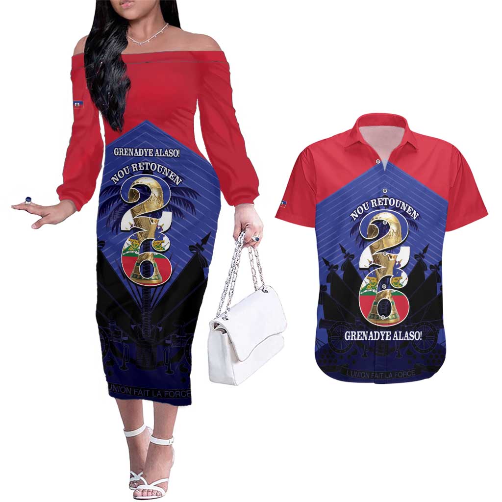 Personalized Les Grenadiers Haiti Football Couples Matching Off The Shoulder Long Sleeve Dress and Hawaiian Shirt 2026 Nou Retounen Blue Version - Wonder Print Shop
