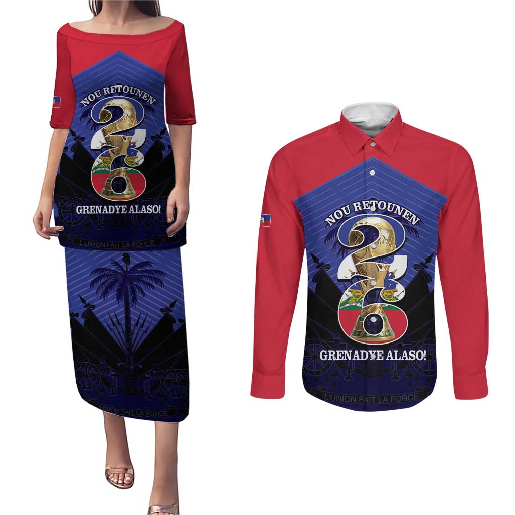 Personalized Les Grenadiers Haiti Football Couples Matching Puletasi and Long Sleeve Button Shirt 2026 Nou Retounen Blue Version - Wonder Print Shop