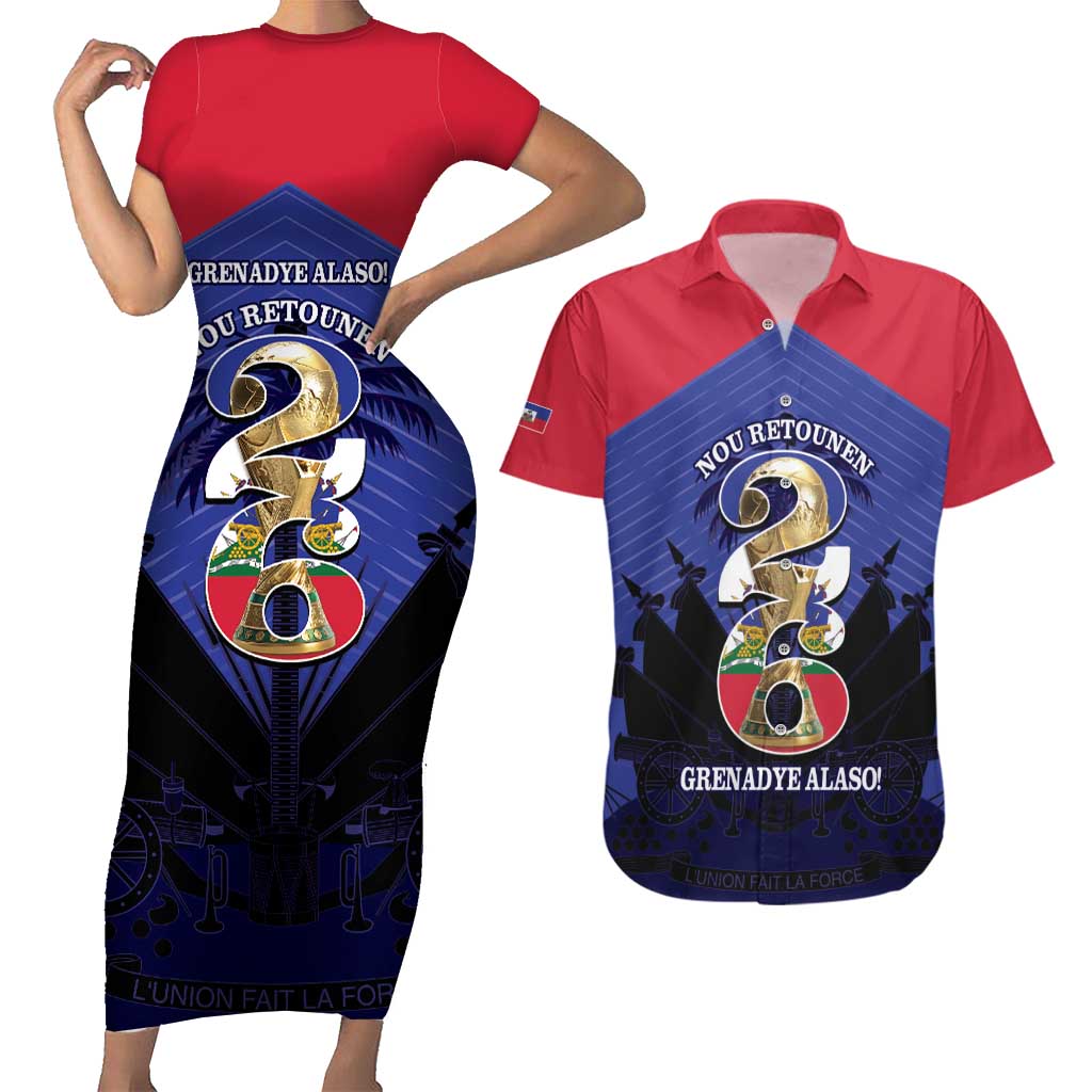 Personalized Les Grenadiers Haiti Football Couples Matching Short Sleeve Bodycon Dress and Hawaiian Shirt 2026 Nou Retounen Blue Version - Wonder Print Shop
