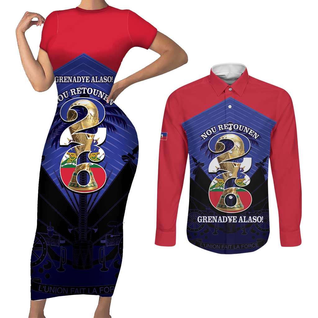 Personalized Les Grenadiers Haiti Football Couples Matching Short Sleeve Bodycon Dress and Long Sleeve Button Shirt 2026 Nou Retounen Blue Version - Wonder Print Shop