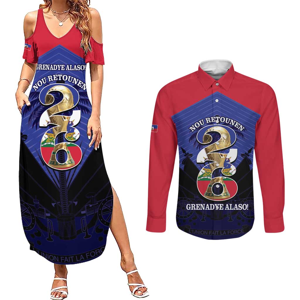 Personalized Les Grenadiers Haiti Football Couples Matching Summer Maxi Dress and Long Sleeve Button Shirt 2026 Nou Retounen Blue Version - Wonder Print Shop