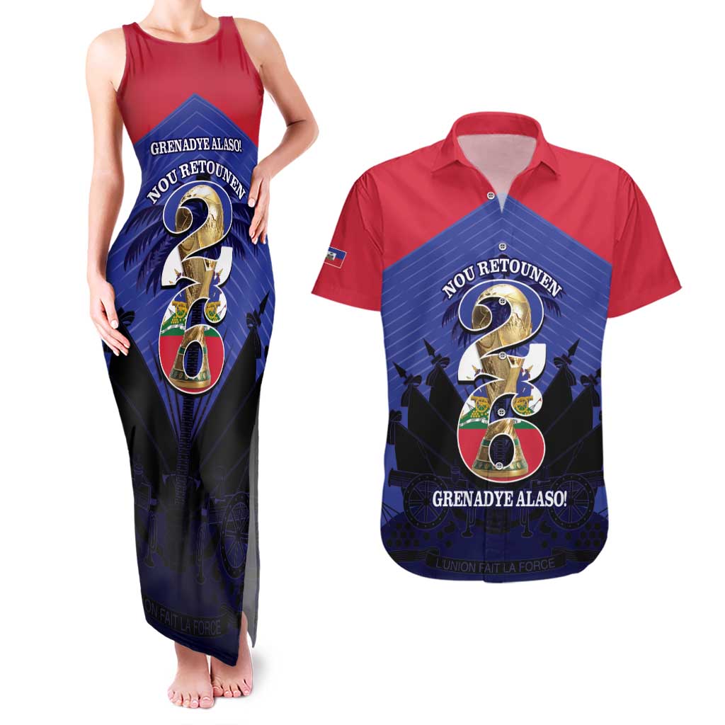 Personalized Les Grenadiers Haiti Football Couples Matching Tank Maxi Dress and Hawaiian Shirt 2026 Nou Retounen Blue Version - Wonder Print Shop