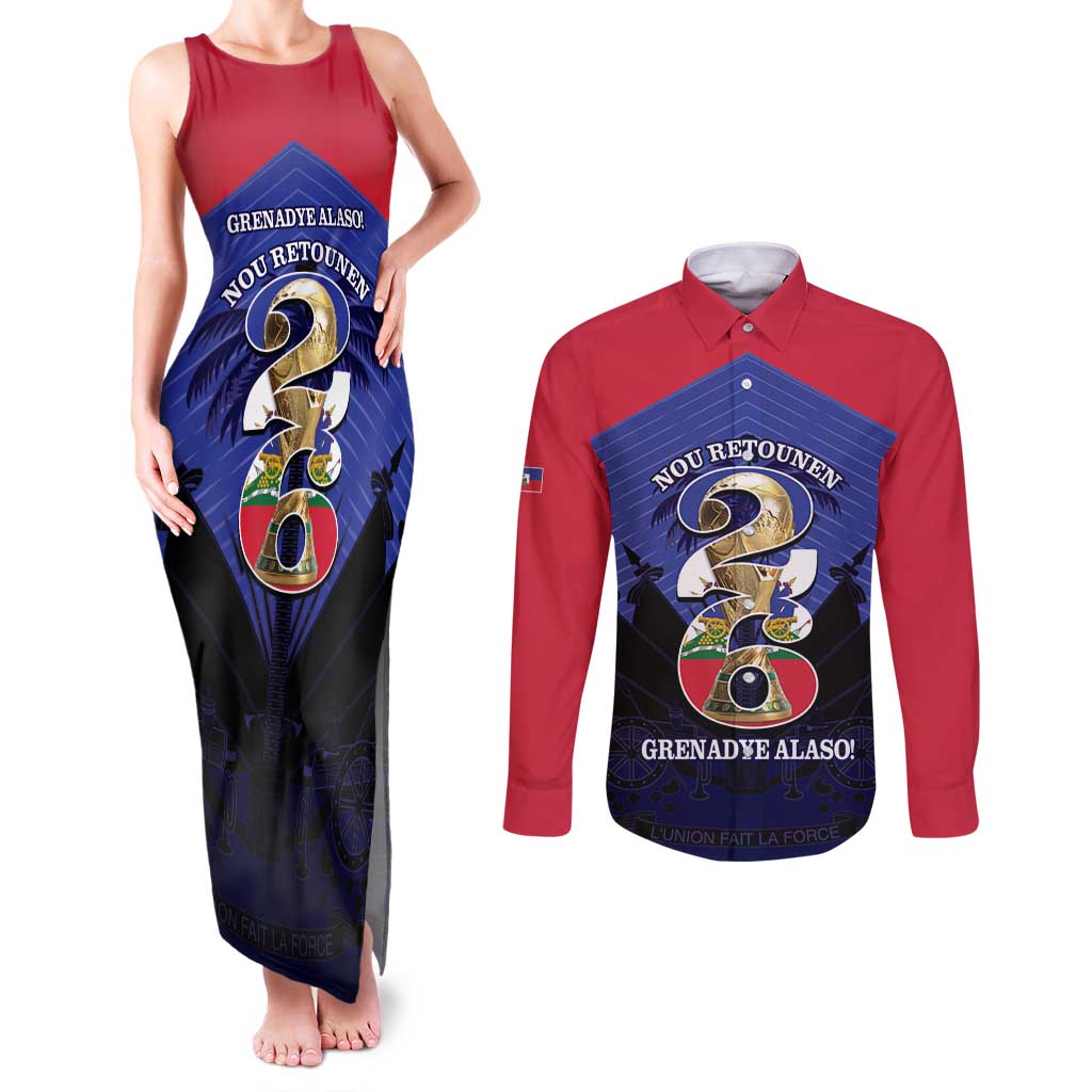 Personalized Les Grenadiers Haiti Football Couples Matching Tank Maxi Dress and Long Sleeve Button Shirt 2026 Nou Retounen Blue Version - Wonder Print Shop