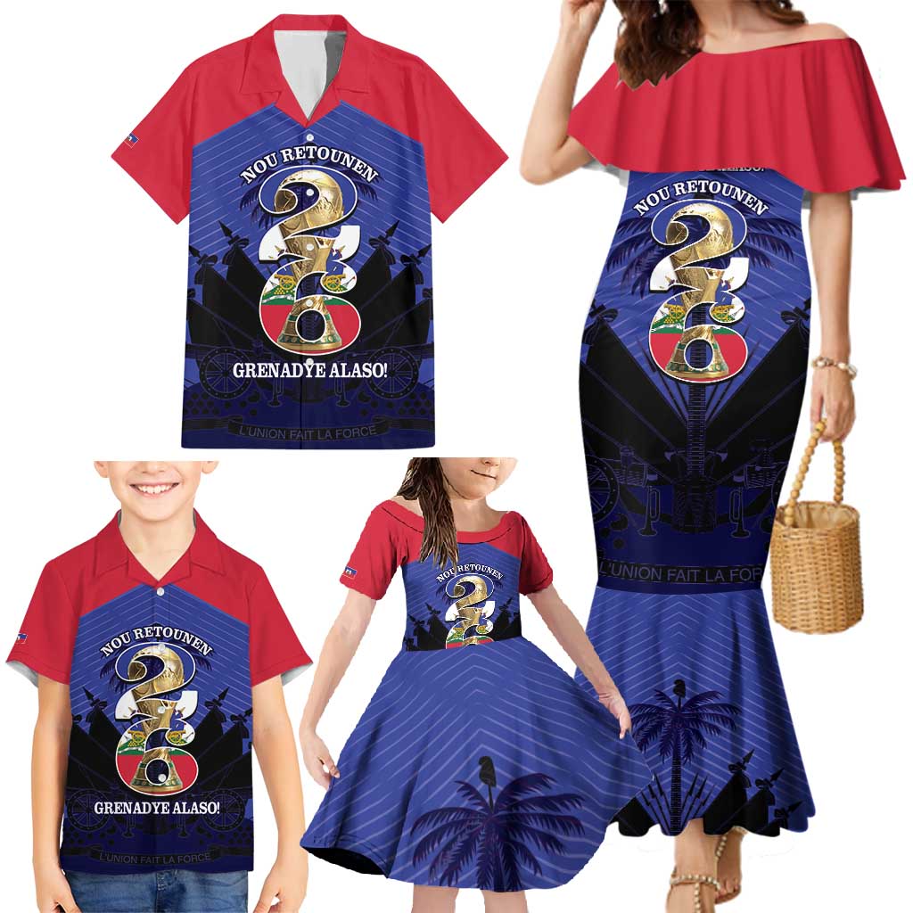 Personalized Les Grenadiers Haiti Football Family Matching Mermaid Dress and Hawaiian Shirt 2026 Nou Retounen Blue Version - Wonder Print Shop