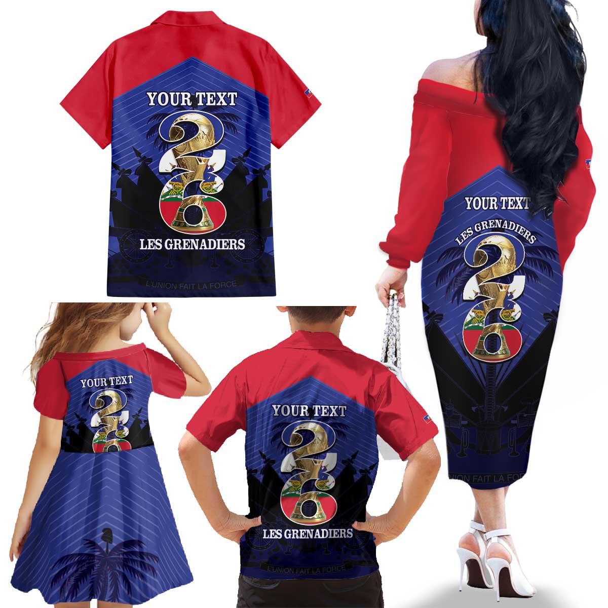Personalized Les Grenadiers Haiti Football Family Matching Off The Shoulder Long Sleeve Dress and Hawaiian Shirt 2026 Nou Retounen Blue Version - Wonder Print Shop
