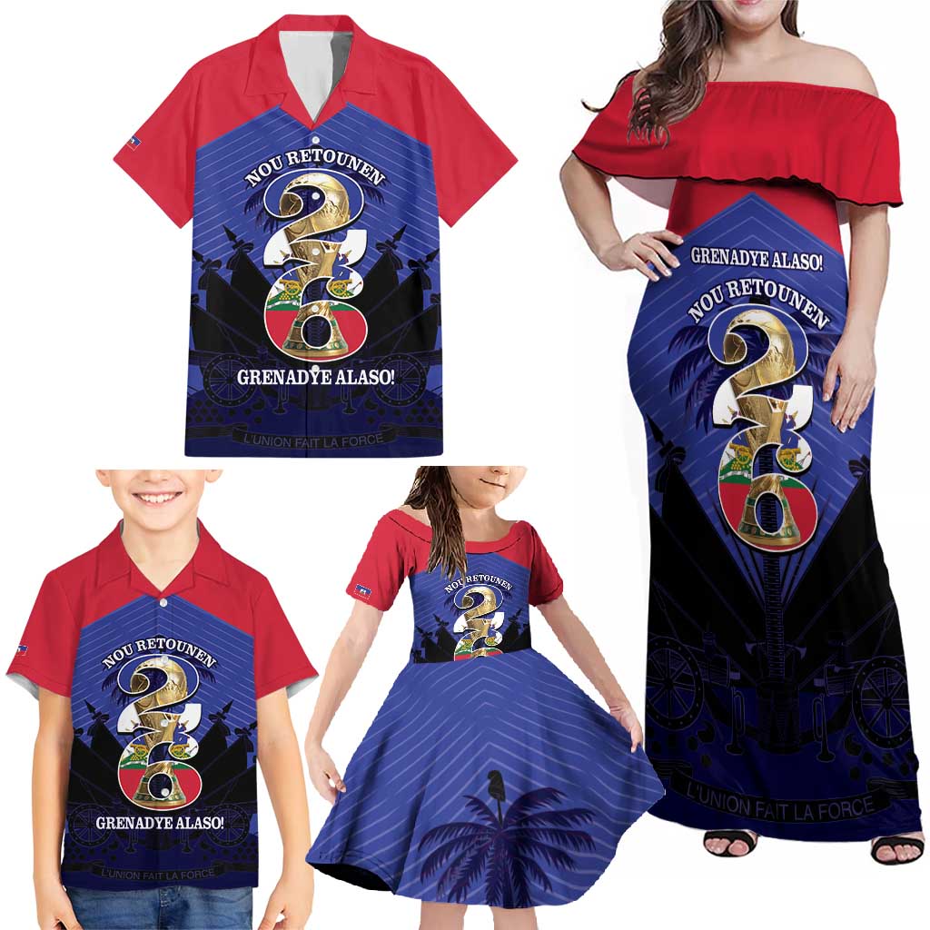 Personalized Les Grenadiers Haiti Football Family Matching Off Shoulder Maxi Dress and Hawaiian Shirt 2026 Nou Retounen Blue Version - Wonder Print Shop