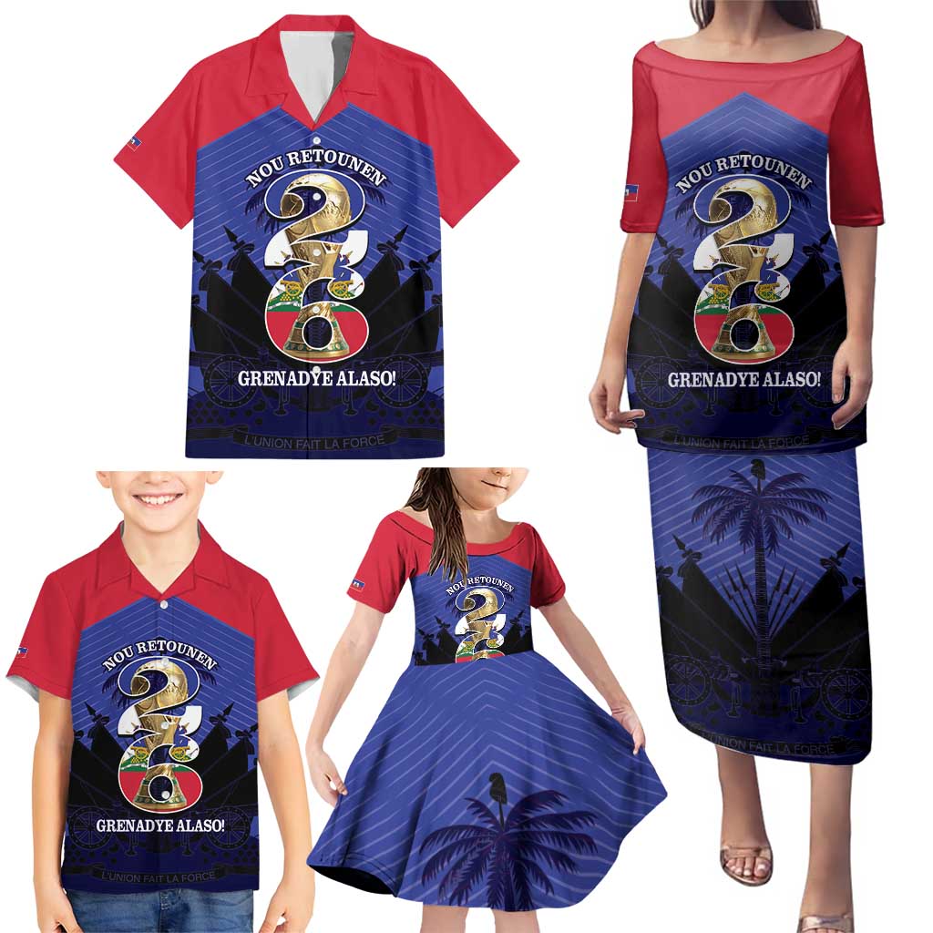 Personalized Les Grenadiers Haiti Football Family Matching Puletasi and Hawaiian Shirt 2026 Nou Retounen Blue Version - Wonder Print Shop