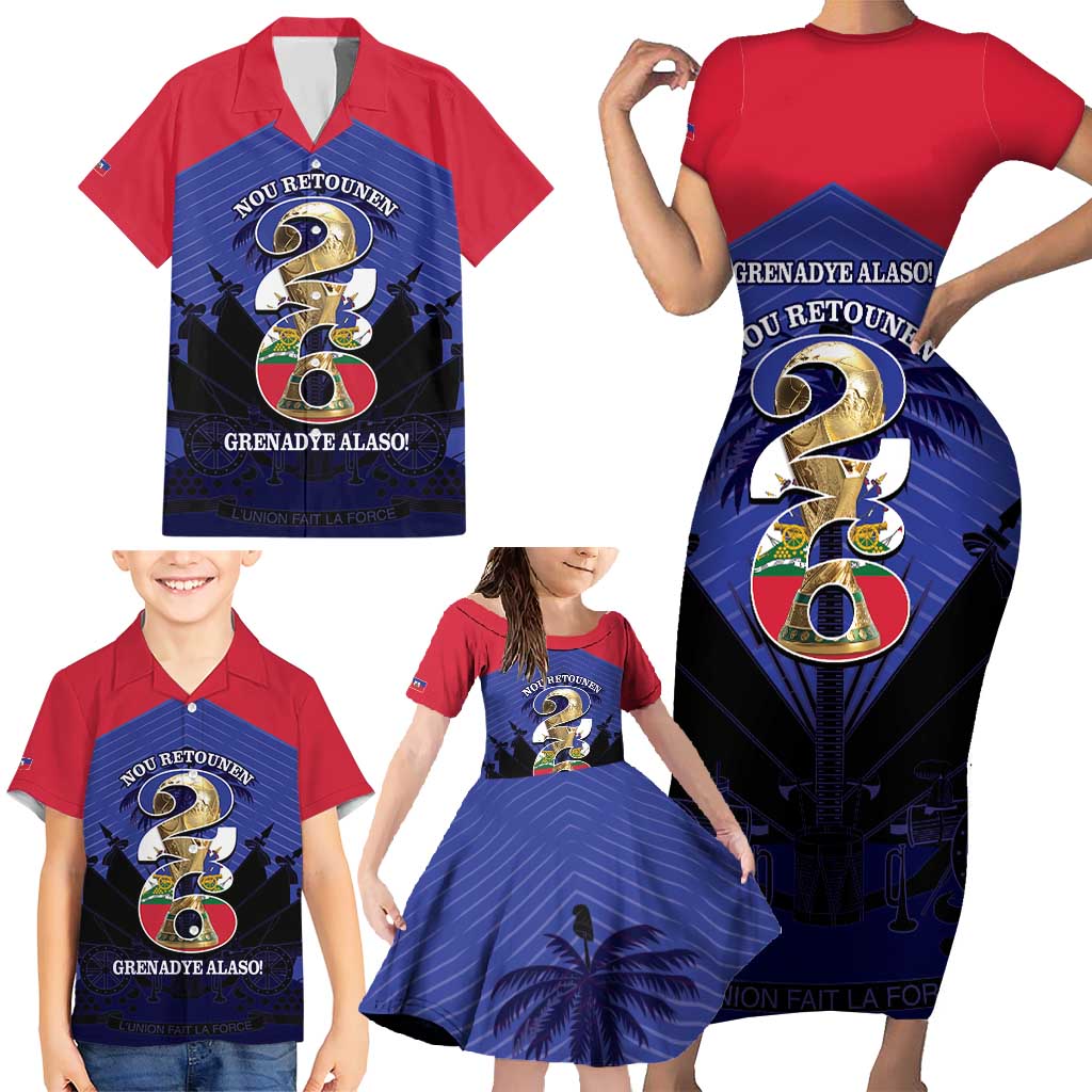 Personalized Les Grenadiers Haiti Football Family Matching Short Sleeve Bodycon Dress and Hawaiian Shirt 2026 Nou Retounen Blue Version - Wonder Print Shop
