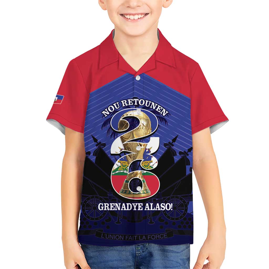 Personalized Les Grenadiers Haiti Football Kid Hawaiian Shirt 2026 Nou Retounen Blue Version - Wonder Print Shop