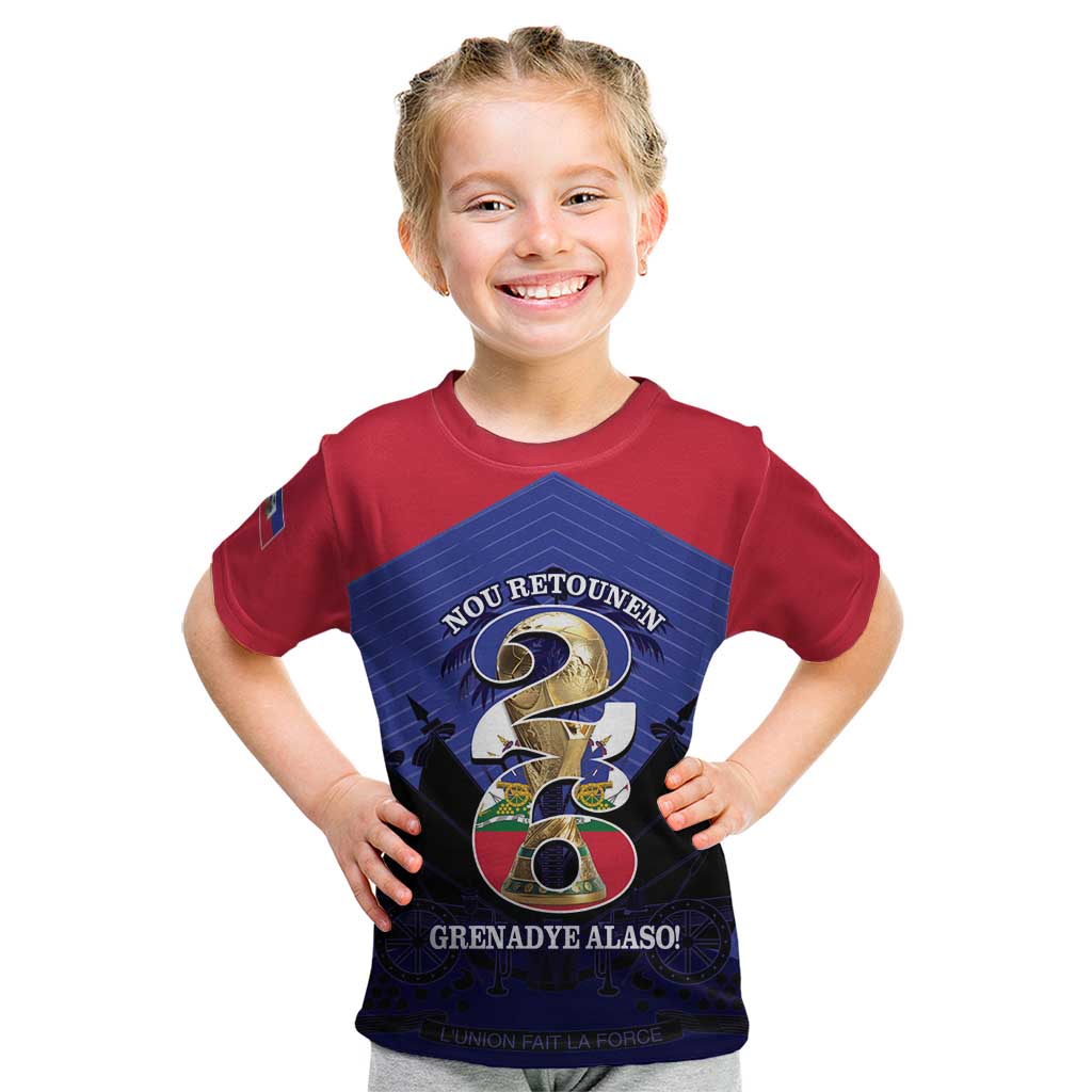 Personalized Les Grenadiers Haiti Football Kid T Shirt 2026 Nou Retounen Blue Version - Wonder Print Shop