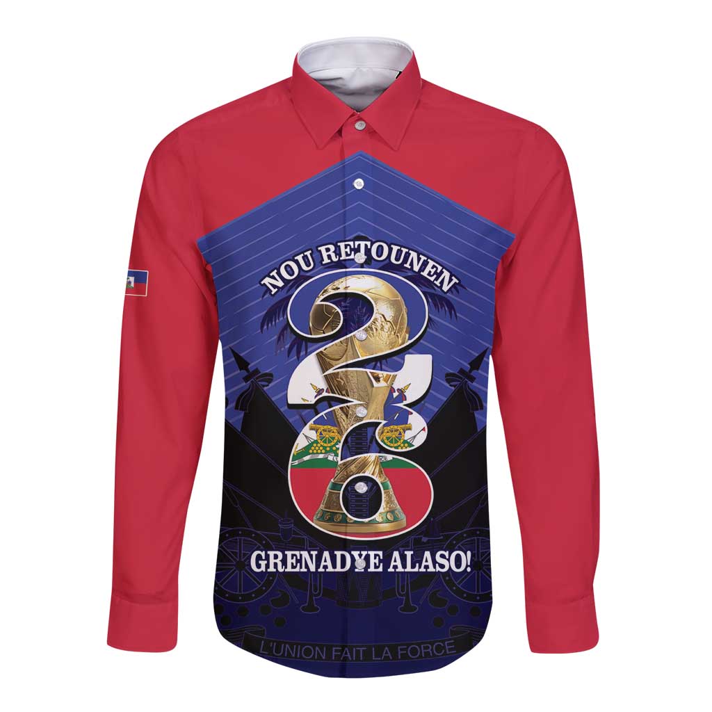 Personalized Les Grenadiers Haiti Football Long Sleeve Button Shirt 2026 Nou Retounen Blue Version - Wonder Print Shop