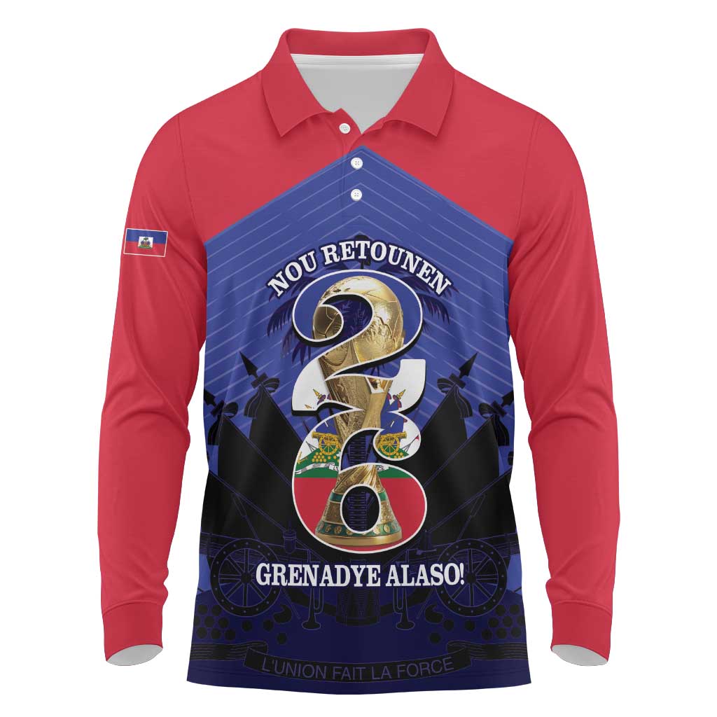 Personalized Les Grenadiers Haiti Football Long Sleeve Polo Shirt 2026 Nou Retounen Blue Version - Wonder Print Shop