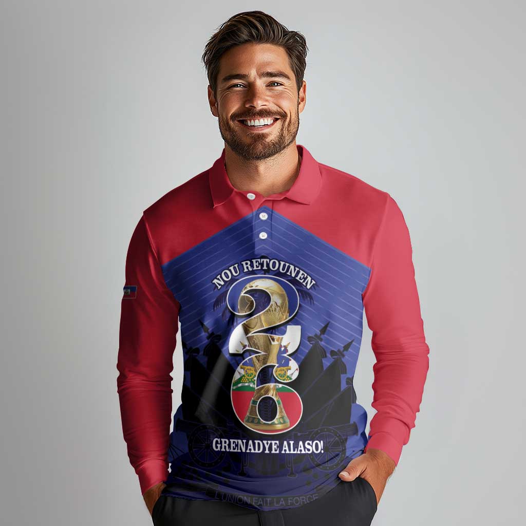 Personalized Les Grenadiers Haiti Football Long Sleeve Polo Shirt 2026 Nou Retounen Blue Version - Wonder Print Shop