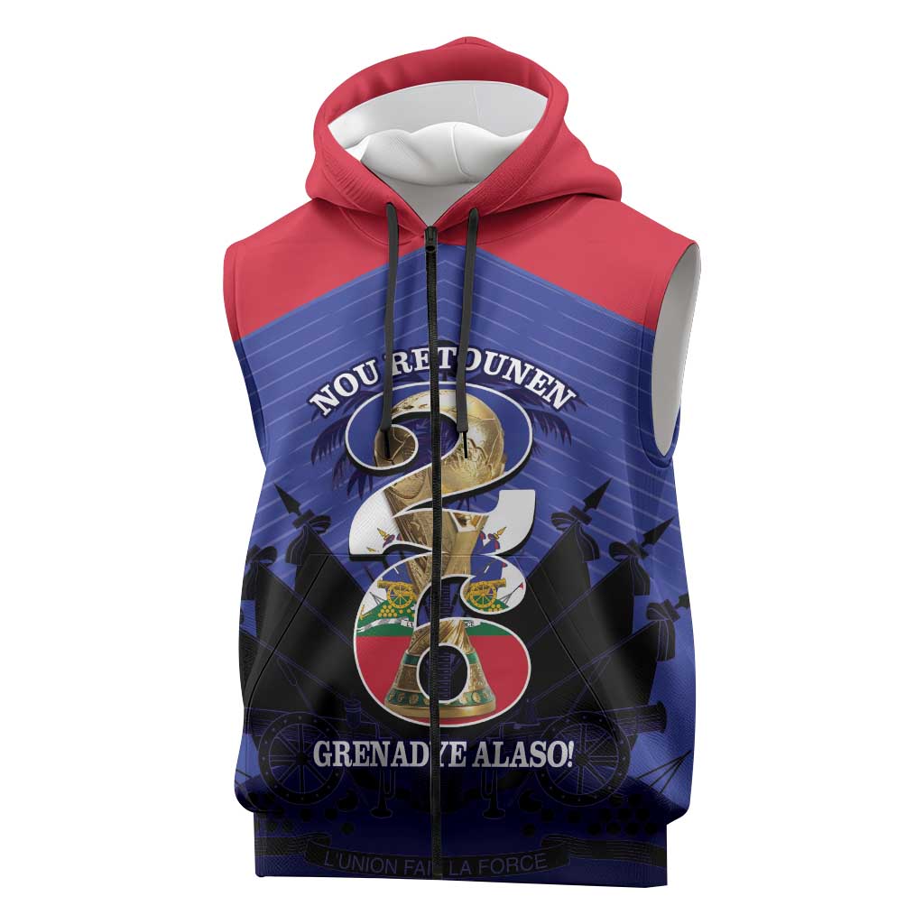 Personalized Les Grenadiers Haiti Football Sleeveless Zip Hoodie 2026 Nou Retounen Blue Version - Wonder Print Shop