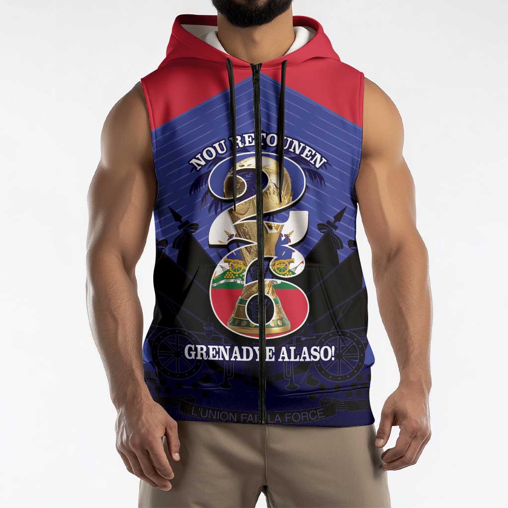 Personalized Les Grenadiers Haiti Football Sleeveless Zip Hoodie 2026 Nou Retounen Blue Version - Wonder Print Shop