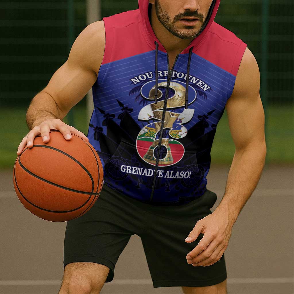 Personalized Les Grenadiers Haiti Football Sleeveless Zip Hoodie 2026 Nou Retounen Blue Version - Wonder Print Shop