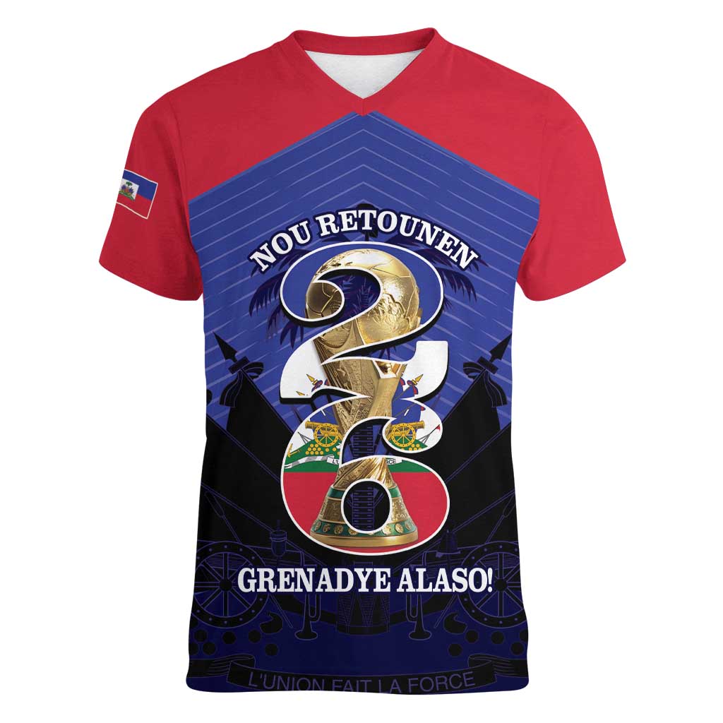 Personalized Les Grenadiers Haiti Football Women V-Neck T-Shirt 2026 Nou Retounen Blue Version - Wonder Print Shop