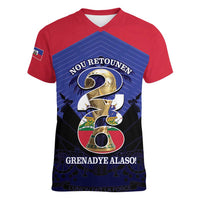Personalized Les Grenadiers Haiti Football Women V-Neck T-Shirt 2026 Nou Retounen Blue Version - Wonder Print Shop