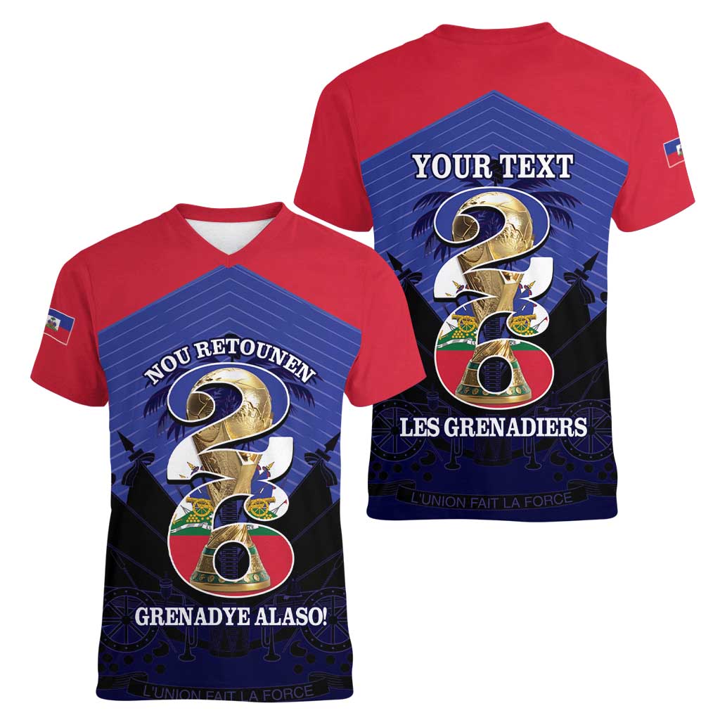 Personalized Les Grenadiers Haiti Football Women V-Neck T-Shirt 2026 Nou Retounen Blue Version - Wonder Print Shop
